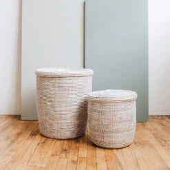 Flat Lid Woven Storage Hamper Set - White -Household Daily Necessities basket set flat lid