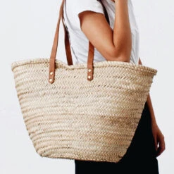 Palm Leaf Shopper With Leather Straps -Household Daily Necessities palm leaf shopper leather handle1